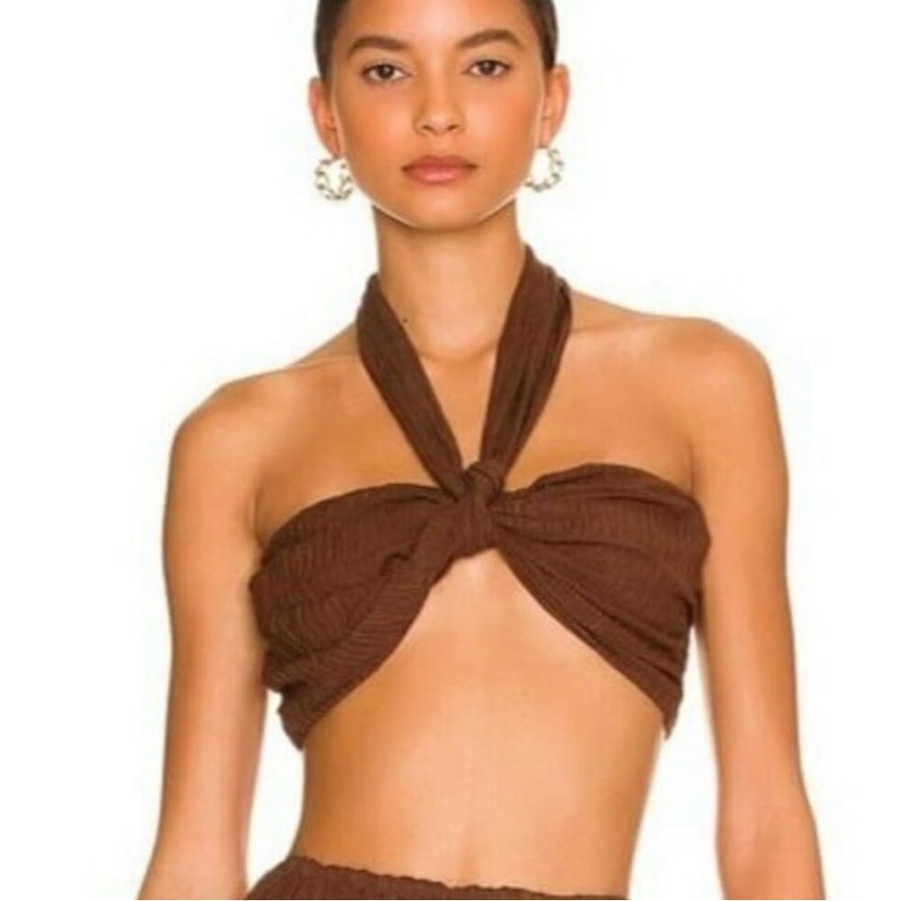 GLENDA CROPPED CRINKLED LINEN-BLEND HALTERNECK TOP IN CHOCOLATE (Small)